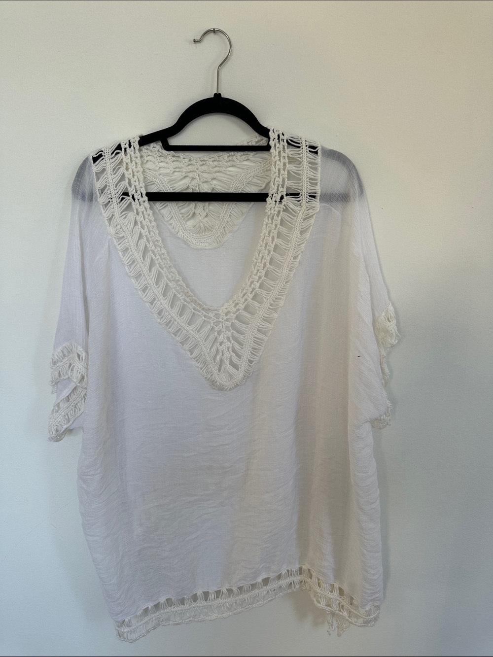 Women's White Crochet V-Neck coverup